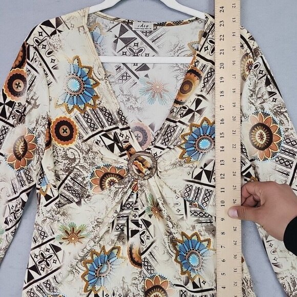 Y2K Top Womens L Cream Bohemian Floral O-Ring V-Neck Jersey Knit Made In USA - Picture 4 of 8